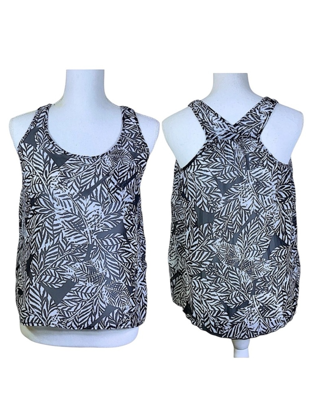 Aeropostale Sleeveless Semi Sheer Tank Top Geometric Leaf Print Black White